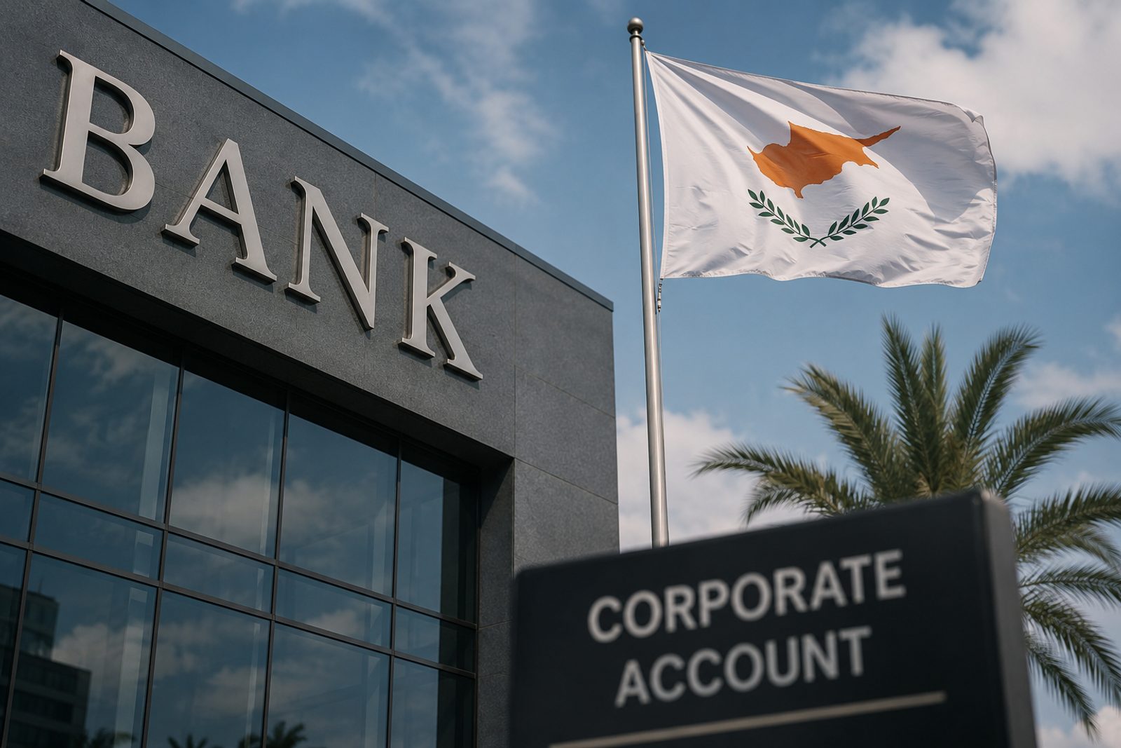 Банк на Кипре с флагом Республики Кипр и табличкой Corporate Account
